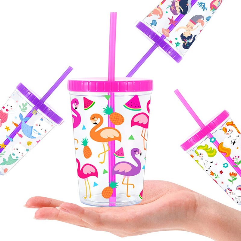 Home Tune 16oz Kids Tumbler Water Drinking Cup 4 Pack - BPA Free  Straw Lid Cup  Reusable  Lightweight  Spill-Proof  Cute Design for Girls & Boys - Flamingo  Kitty Mermaid  Unicorn - Image 4